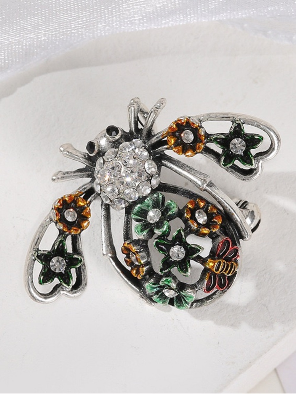 Bee Brooch Pin Crystal Bee with Floral Garden Design, Silver Tone Insect